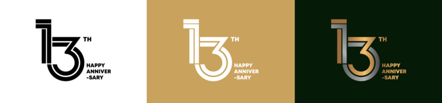 13th Anniversary logo style double line number. gold and silver color on white, green and yellow background for celebration event.