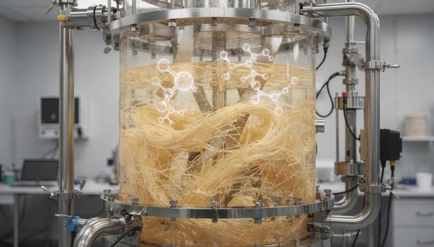 Medium shot of mixed enzyme fiber refining reactor combining cellulase and pectinase effects demonstrating synergistic action for optimal fiber flexibility and thorough cleaning in