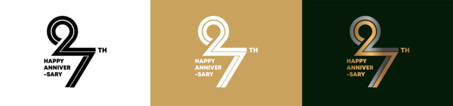 27th Anniversary logo style double line number. gold and silver color on white, green and yellow background for celebration event.