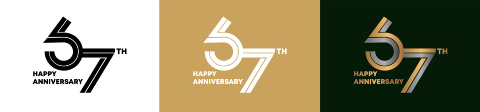 67th Anniversary logo style double line number. gold and silver color on white, green and yellow background for celebration event.