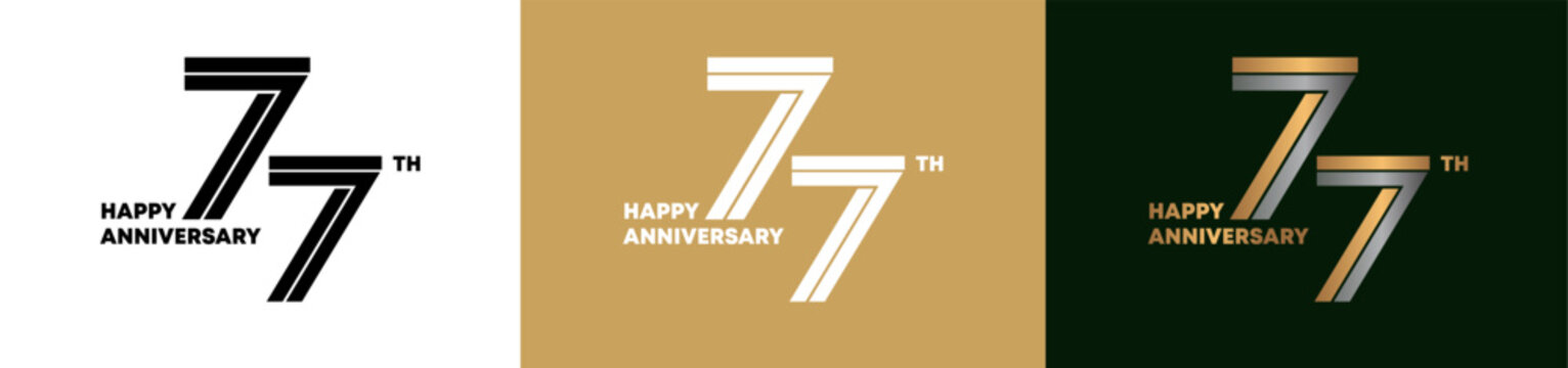 77th Anniversary logo style double line number. gold and silver color on white, green and yellow background for celebration event.