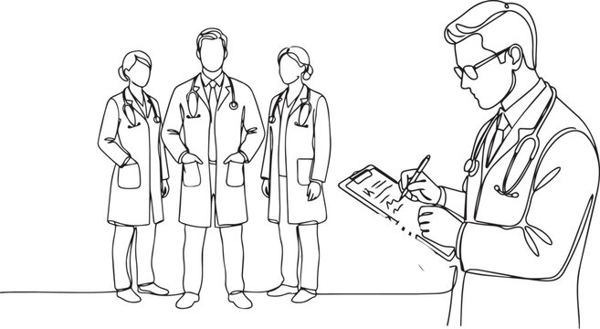 A line drawing of a doctor taking notes while three other doctors stand nearby