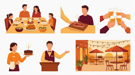 Fototapeta premium A collage of illustrations depicting a family dinner, a chef preparing steak, a toast with beer, a waiter presenting a cake, and an outdoor restaurant patio
