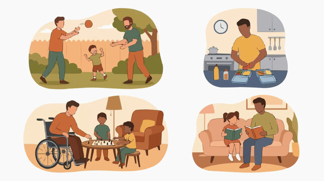 A montage of four scenes depicting fatherhood and family bonding, showing fathers engaging in activities like playing catch, cooking, playing board games, and reading with their children.