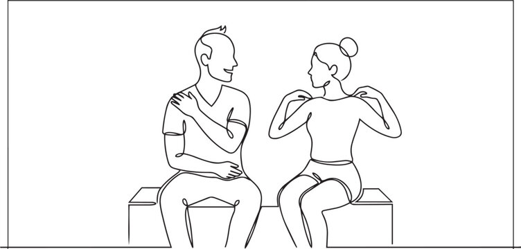 Line drawing of a man and woman sitting on cubes in a simple style