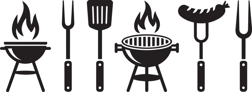 Black icons of barbecue tools and grill