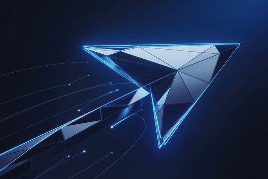 Abstract polygonal arrow shape with glowing blue neon lines and data streams representing progress and technology