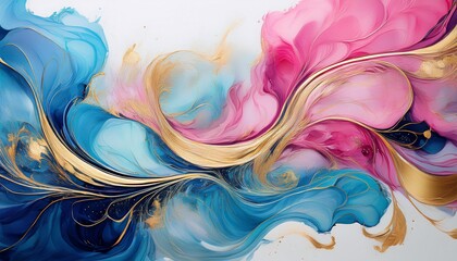 Obraz premium Vibrant Abstract Art Piece With Swirling Blue Gold And Pink Hues On A White Background With Intricate Details And Textures