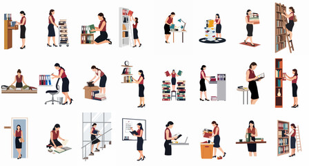 Fototapeta premium A collection of flat illustrations showing a female office worker or paralegal performing various administrative and filing tasks.