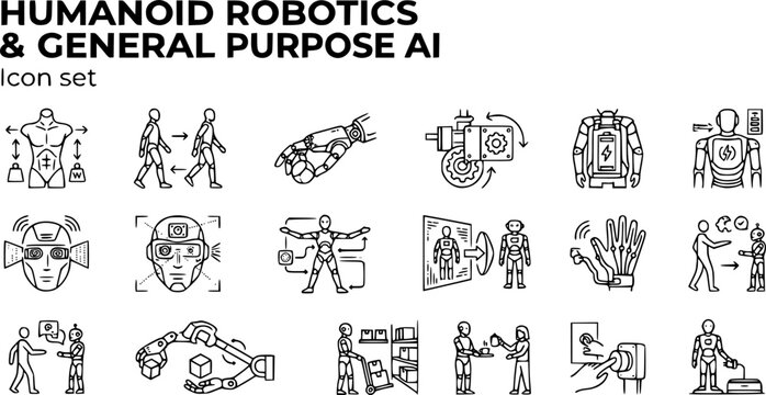 Humanoid Robotics and General Purpose AI Outline Icon Set with Bipedal Gait, Dexterous Hand and Actuator Joint, 15 Icons Editable Strokes