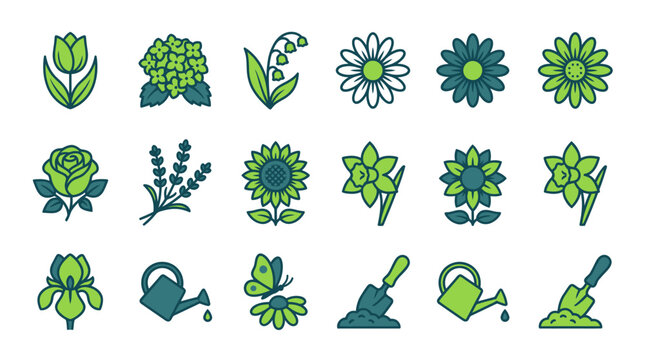 Collection of green garden tools icons.