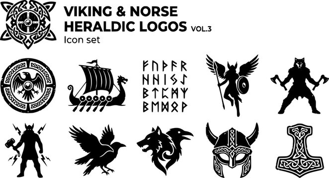 Viking and Norse Heraldic Logo Icon Set Vol 3 with Shield Emblem, Longship and Mjolnir Hammer, 10 Designs Grunge Vector