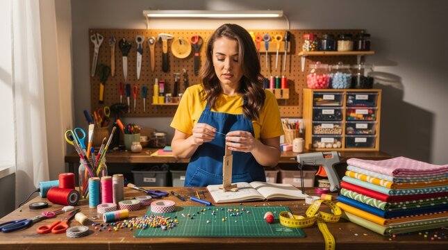 Woman focused on handmade crafting project in workshop