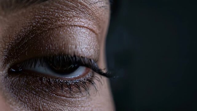 Close-up of an eye reflecting a stock market data screen