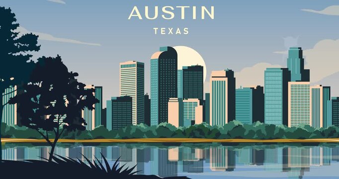 Austin skyline motion graphics. Panoramic view of Texas capital featuring modern skyscrapers and urban architecture. Modern city landscape. Flat animated cartoon