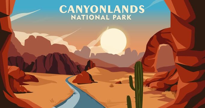 Canyonlands National Park motion graphics banner. Minimalist landscape illustration with canyons, rock formations and desert scenery with cacti. Travel and outdoor adventure. Flat animated cartoon