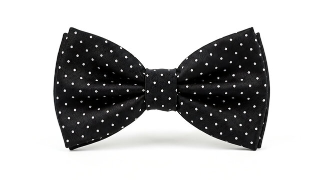 A stylish black bow tie with white polka dots on a plain surface