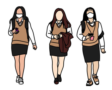 Asian Teenager Students in School Uniform Minimalist Faceless Vector Style PNG isolated on transparent background
