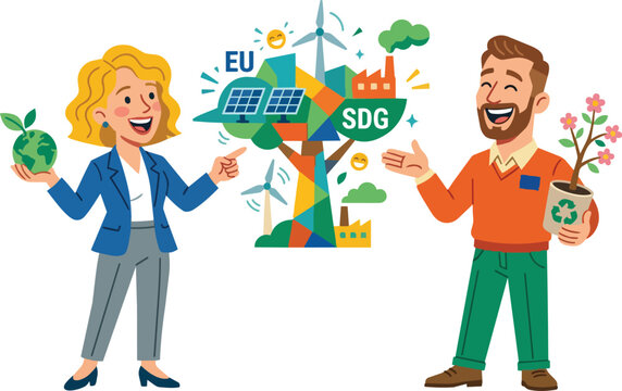 Professional Duo Celebrating Sustainable Development Goals with Green Energy and Recycling Symbols in Vibrant Vector Illustration sustainability sdg renewable celebration