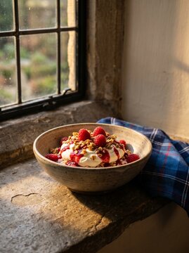 Rustic Scottish Cranachan in Stoneware Bowl by Cottage Window