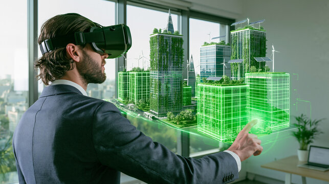 ESG and PropTech concept: Business professional in a VR headset interacting with a glowing green hologram of a sustainable smart city with wind turbines and eco-friendly architecture in a modern offic