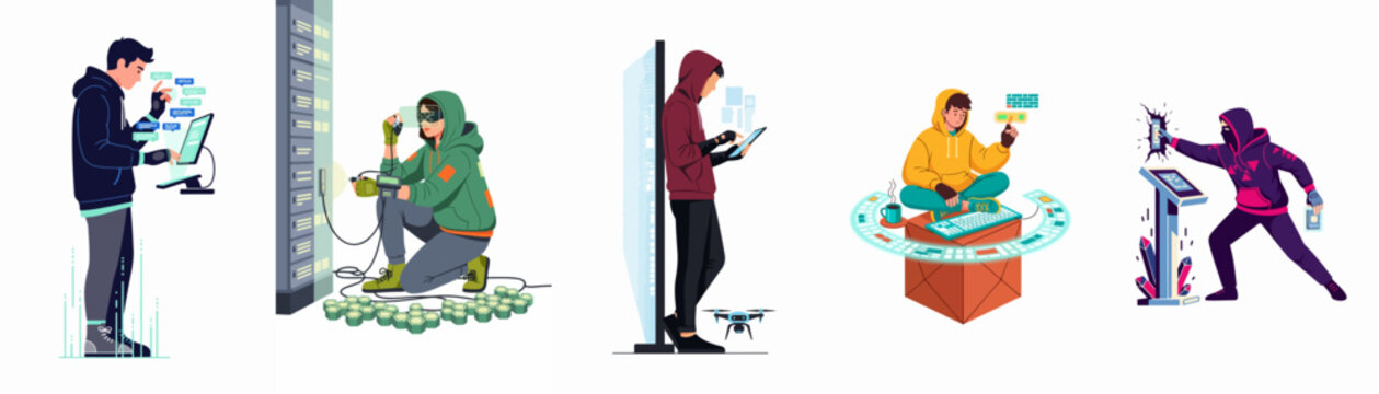 Set of flat vector illustrations depicting various hacker characters engaging in cybercrime, data breaches, server tampering, and illicit digital activities on white background.