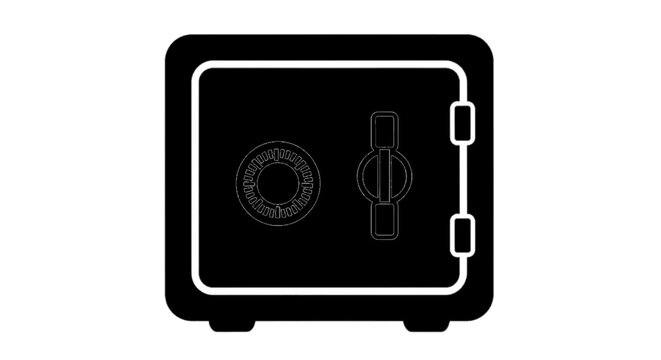Minimal black silhouette icon, simple flat vector, bold black shape, no, no shading black safe icon with combination lock and handle on a, flat icon style