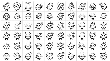 Obraz premium Cute Kawaii Avocado Seed Characters Set, Hand-drawn Doodle Illustrations