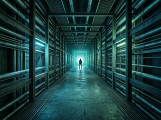 Obraz premium Solitary Figure Standing in Data Center Server Corridor