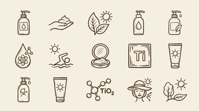 Sunscreen Icons: Skincare, Protection, SPF, UV, Summer, Natural Ingredients, Titanium Dioxide