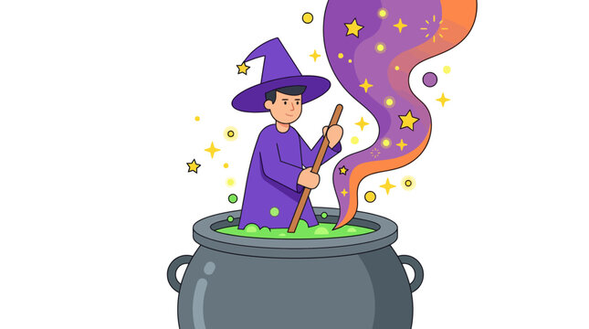 Young wizard stirring potion in cauldron with magical sparkles and stars