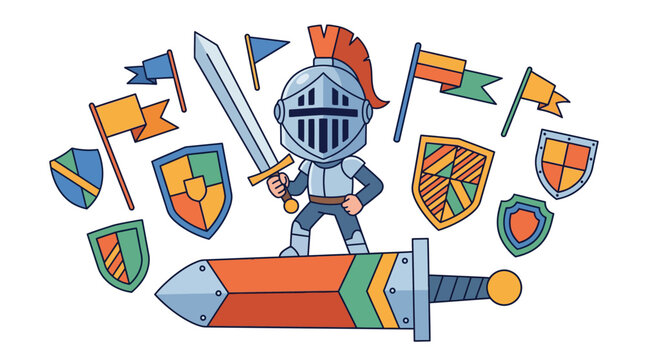 Cartoon Knight with Sword and Shields, Medieval Warrior, Fantasy Adventure, Vector Illustration