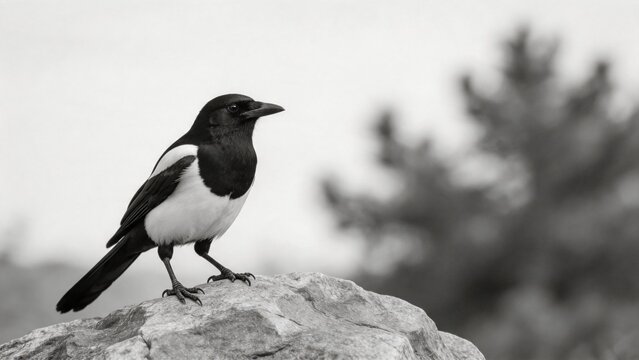 Black and white bird perched on rock