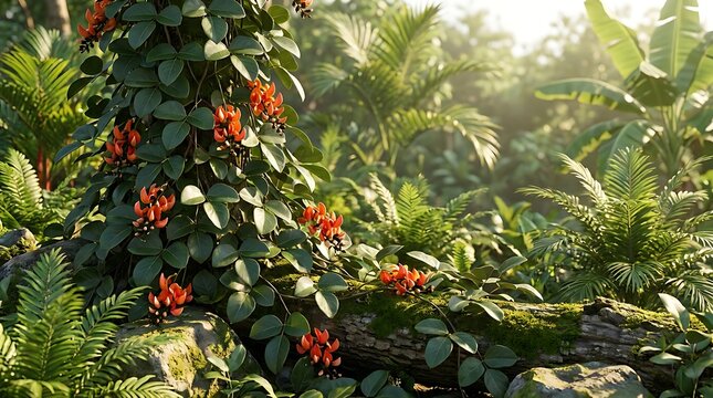 Butea superba vines with vibrant orange flowers growing on an old tree trunk in a lush green tropical rainforest during a sunny morning in the jungle
