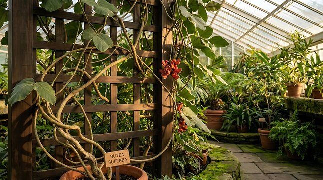 A beautiful Butea superba climbing plant with vibrant red flowers growing on a wooden trellis inside a serene glass greenhouse botanical garden setting.