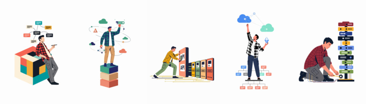 Set of five flat vector illustrations depicting various aspects of software engineering, cloud architecture, API integration, and IT infrastructure management.