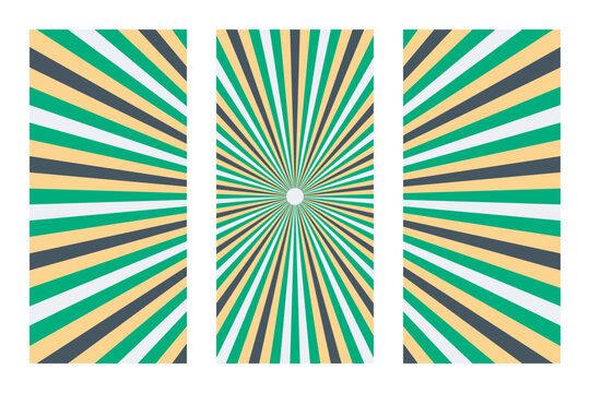 Retro Sunburst Background Triptych Set, Vintage Starburst Graphic Design Elements for Posters and Social Media Layouts