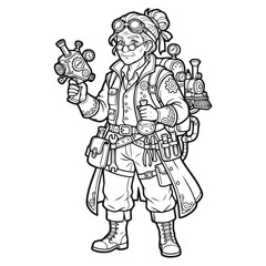 Fototapeta premium Steampunk female inventor character with goggles and mechanical gear for adult coloring book line art vector illustration