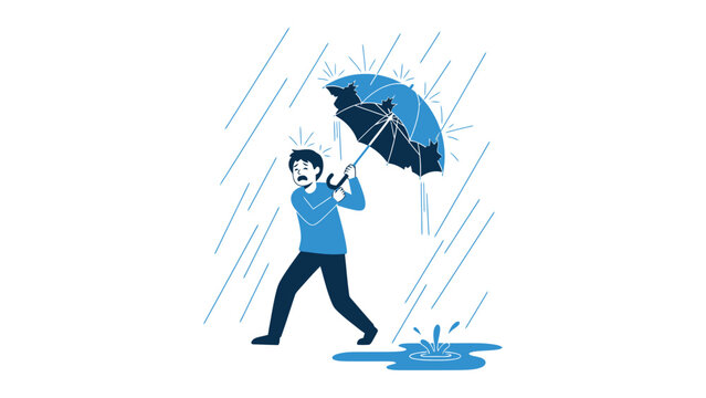 Man struggling with an umbrella in a heavy downpour of rain, looking distressed.