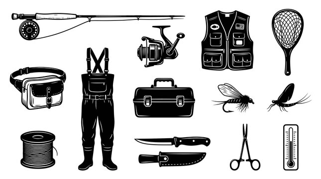 Retro Black and White Line Art Illustration of Fishing and Fly Fishing Gear, Tools, and Equipment Collection