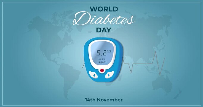 World Diabetes Day motion graphics. Banner with glucometer or blood glucose monitor and heartbeat line. Global healthcare and diabetes prevention awareness campaign. Animated cartoon