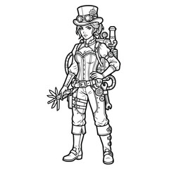 Obraz premium Steampunk Female Character with Mechanical Gear Gadgets and Protective Goggles Line Art Illustration for Coloring Pages