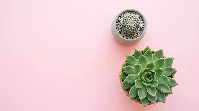 Top view of small potted cactus and succulent plant on pink surface