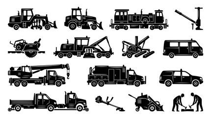 Obraz premium Black and White Vector Icons of Construction Vehicles and Equipment
