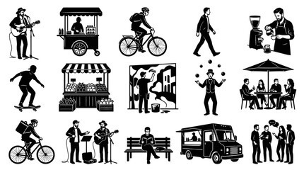 Obraz premium Urban Lifestyle People Glyph Vector Collection: Daily Life, City Activities, Small Business, Street Scenes, and Hobbies Silhouettes.