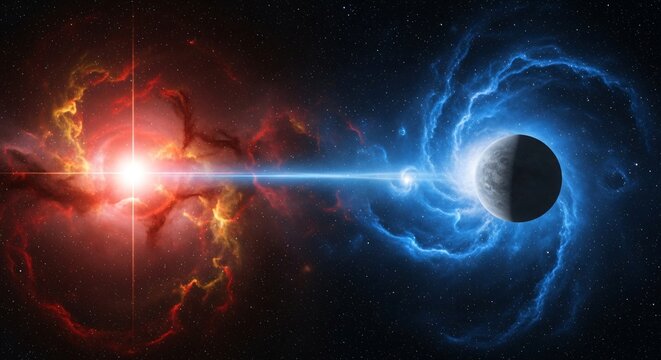 Cosmic collision of two nebulae with a planet caught in the crossfire, representing a powerful celestial event.