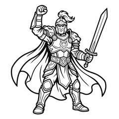 Fototapeta premium Black and white illustration of a victorious armored medieval knight holding a sword and wearing a cape standing in a powerful heroic pose