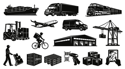 Obraz premium Logistics and Shipping Black and White Glyph Icons Set - Transport, Delivery, Warehouse Elements