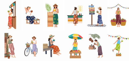 Fototapeta premium Set of diverse illustrations featuring women enjoying tropical vacations, drinking coconut water, and exploring local markets in various vibrant summer settings.