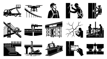 Obraz premium Construction Industry Icons: Engineers, Drones, Cranes, Tools, Scaffolding, Safety - Black White